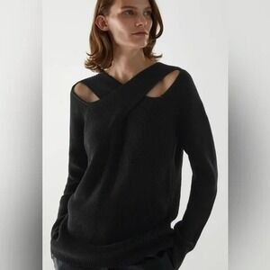COS Organic Cotton Draped Panel Jumper Black Cut-Out Ribbed Knit Sweater Sz XS